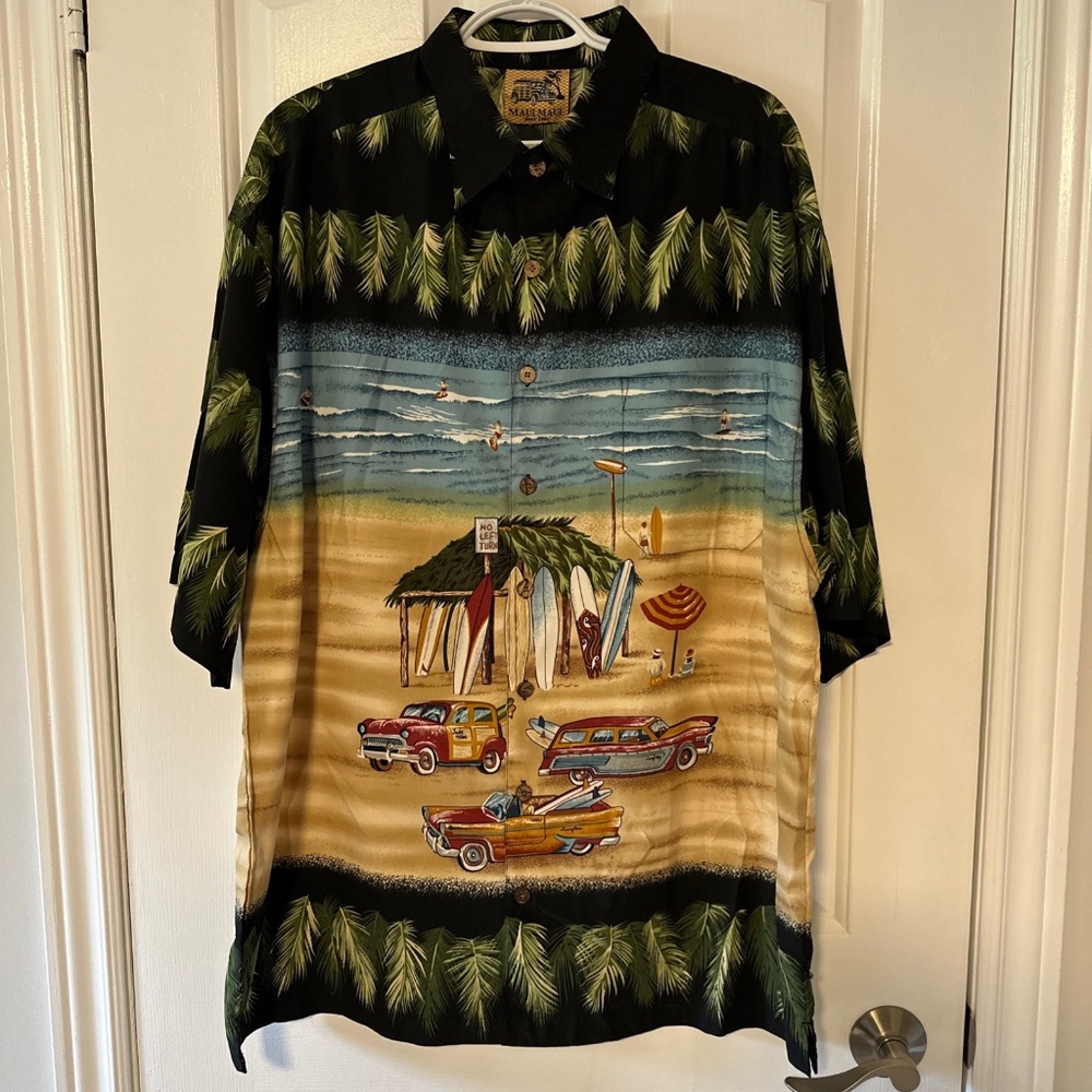 VTG Hawaiian Mens Shirt XL Maui Maui Surfboard Beach Scene Woody Cars California
